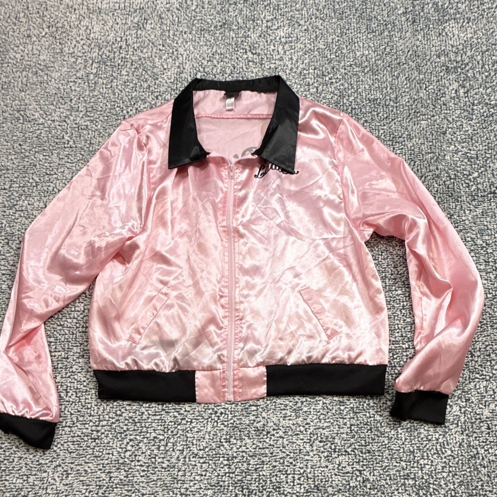 Retro Grease Pink Ladies Satin Full Zip Jacket, Pink/Black, Women's Size S